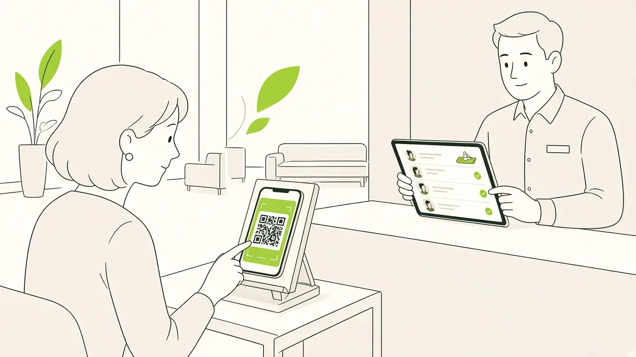 Dans un hall d’hôtel lumineux, un client scanne un QR code sur un chevalet ; derrière le comptoir, la réceptionniste consulte la liste des inscrits au yoga.