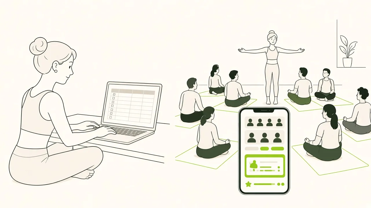 Une professeure de yoga devant un calendrier de rendez-vous individuels ; à côté, une salle de cours collectif dont les places sont comptées sur un téléphone.