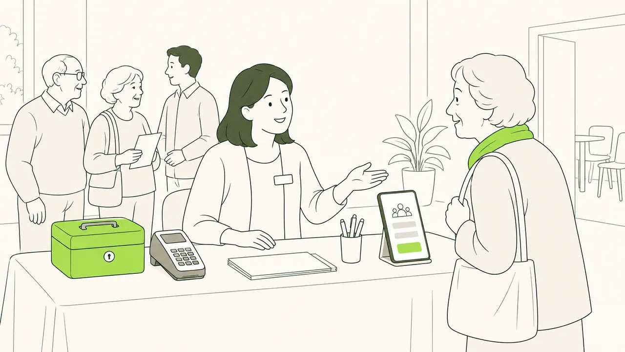 Un stand d’association : la caisse et le terminal de paiement d’un côté, l’inscription sur téléphone de l’autre.