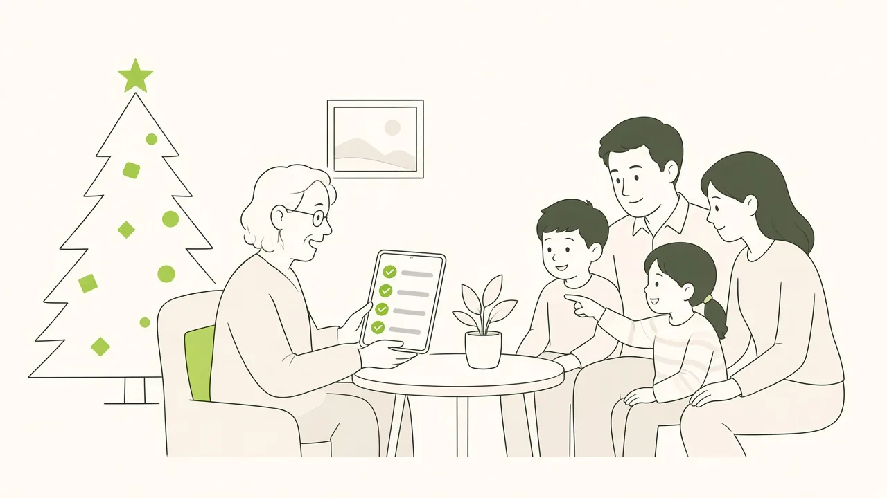 Un sapin de Noël à côté d’une table : un élu du CSE tient une tablette avec la liste des inscrits, tandis qu’une famille s’approche.