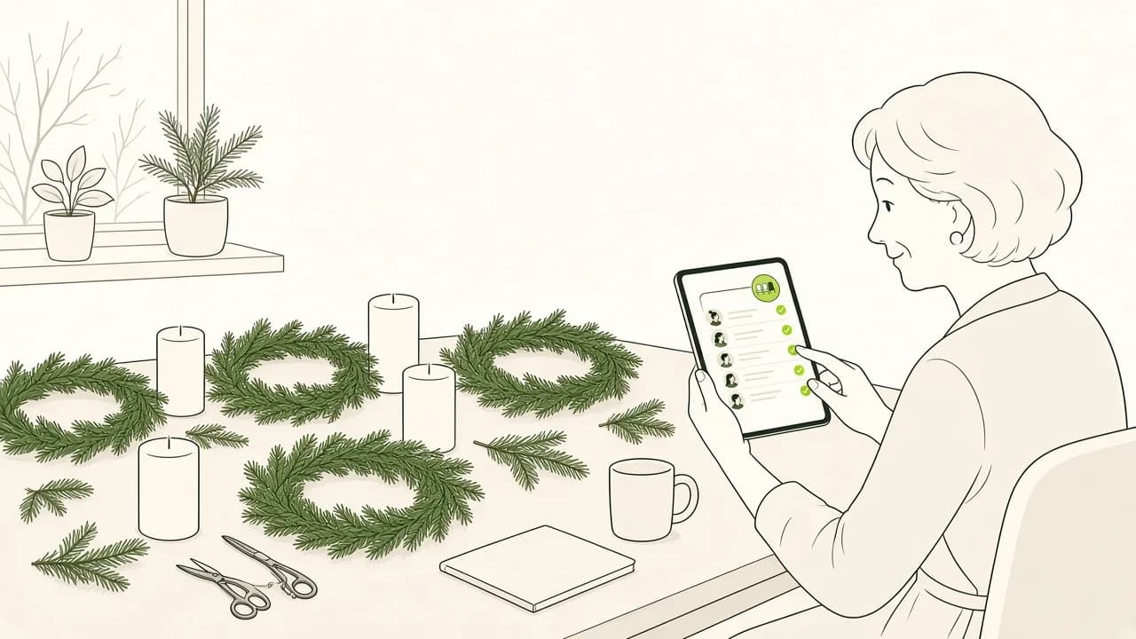 Atelier floral de saison : couronnes de l’Avent sur une table, bougies et branchages, une fleuriste qui consulte la liste des places sur une tablette.