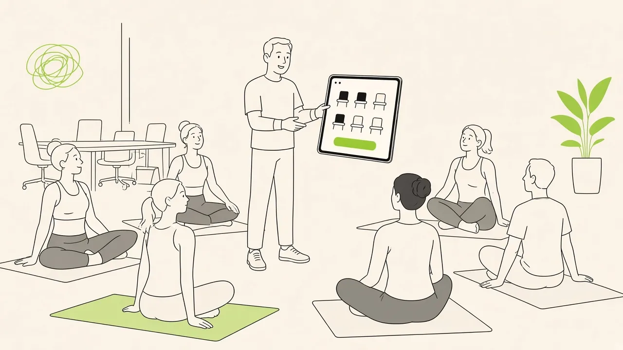 Dans une salle de réunion transformée en atelier yoga, une référente QVT montre sur sa tablette les places restantes ; des salariés en tenue légère s’installent.
