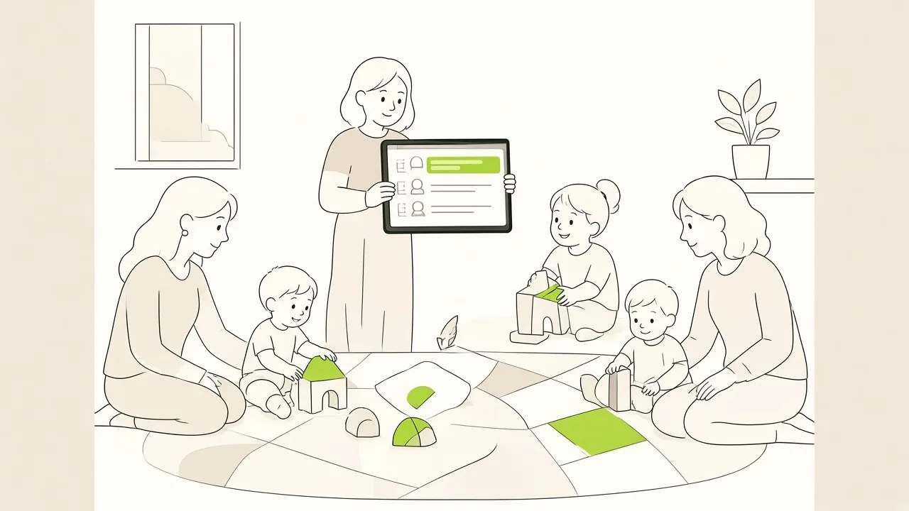 Dans une salle de motricité, une animatrice de relais tient une tablette avec la liste des inscrites, pendant que des assistantes maternelles et des enfants s’installent sur le tapis.