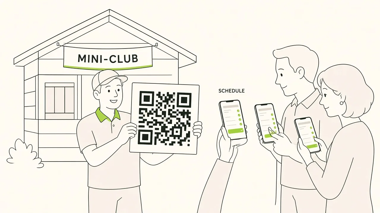 Devant un mini-club de camping, un animateur montre un QR code ; des vacanciers consultent le planning d’activités sur leur téléphone.