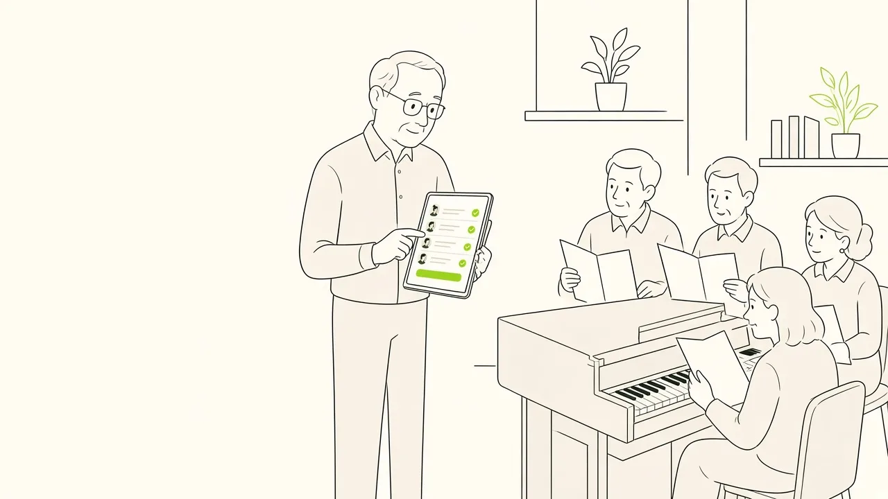 Dans une salle de répétition, une cheffe de chœur tient une tablette avec la liste des inscrits pendant que des choristes s’installent autour du piano.