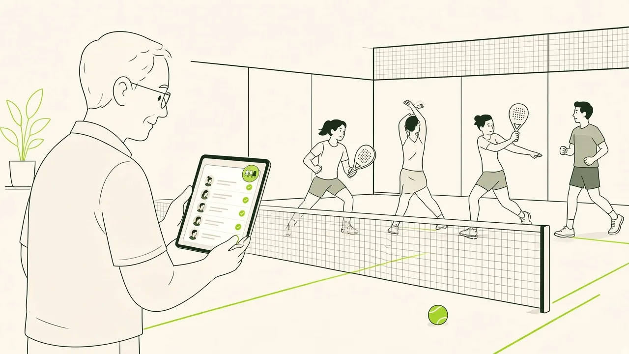 Sur un terrain de padel, un coach montre sa tablette avec la liste des inscrits pendant que quatre joueurs s’échauffent près du filet.