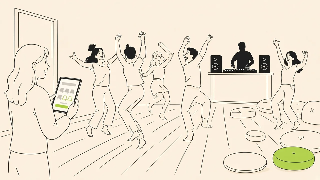 Une salle d’ecstatic dance : danseurs pieds nus sur le plancher, un DJ au fond, et à l’entrée une facilitatrice qui regarde la jauge sur une tablette.