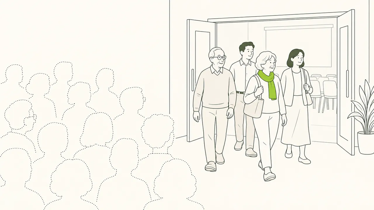 Une foule d’intéressés en pointillés, et seulement quatre participants qui franchissent réellement la porte.