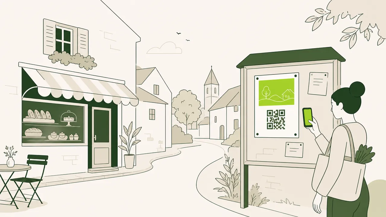 Dans une rue de village, une passante scanne avec son téléphone le QR code d’une affiche sur le panneau d’informations.