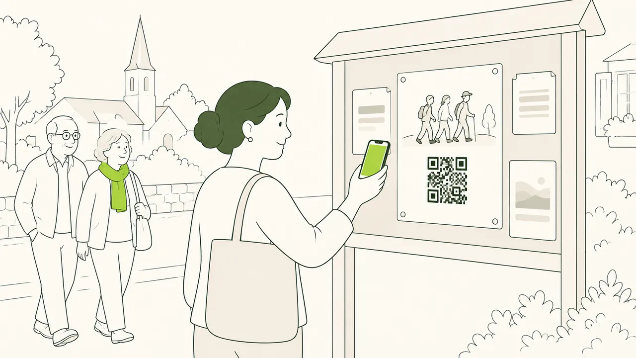 Dans une rue de village, une passante scanne avec son téléphone le QR code d’une affiche sur le panneau d’informations.
