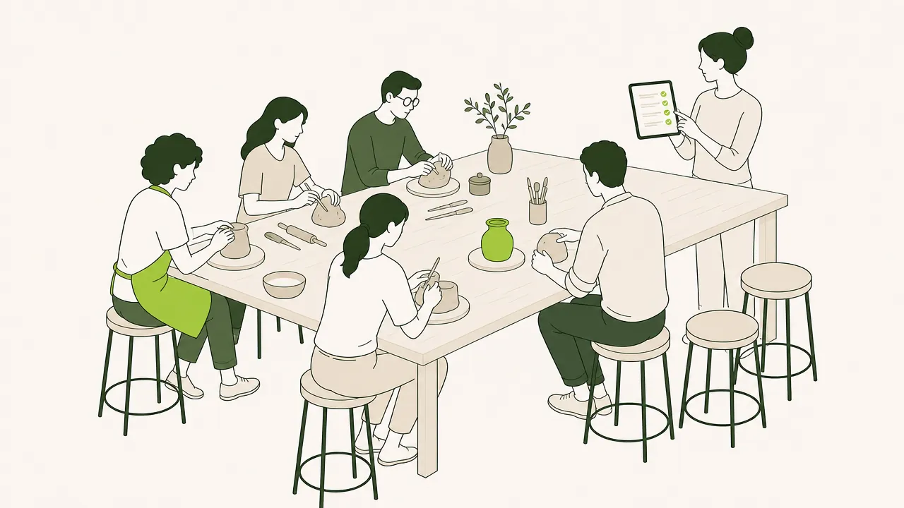 Un atelier de poterie : cinq participants autour de la table, trois tabourets encore libres, et l’organisatrice qui suit la liste des inscrits sur sa tablette.