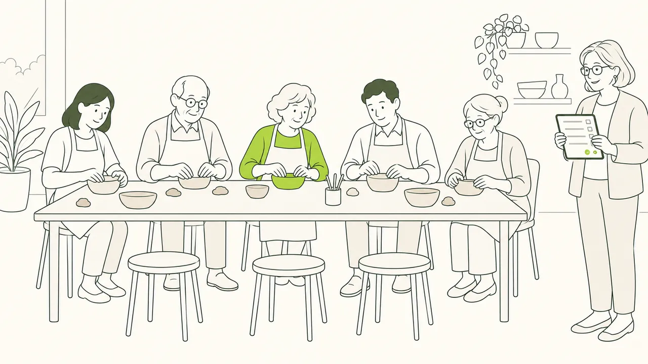 Un atelier de poterie : cinq participants autour de la table, des tabourets encore libres, et l’organisatrice qui suit la liste des inscrits sur sa tablette.