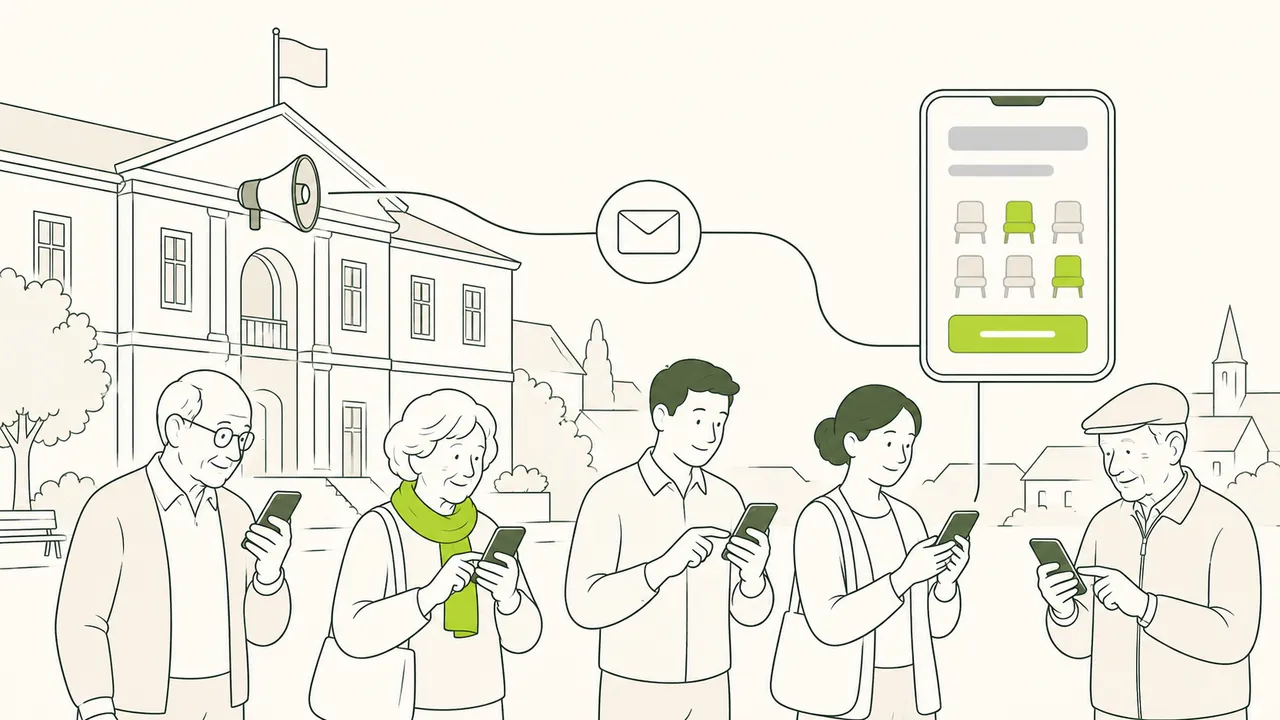 Une mairie diffuse une annonce sur les téléphones des habitants ; un lien mène à la page d’inscription et à ses places.