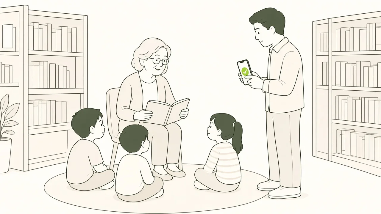 Dans une médiathèque, une bibliothécaire lit une histoire à des enfants assis au sol ; un parent tient un téléphone avec la confirmation d’inscription.