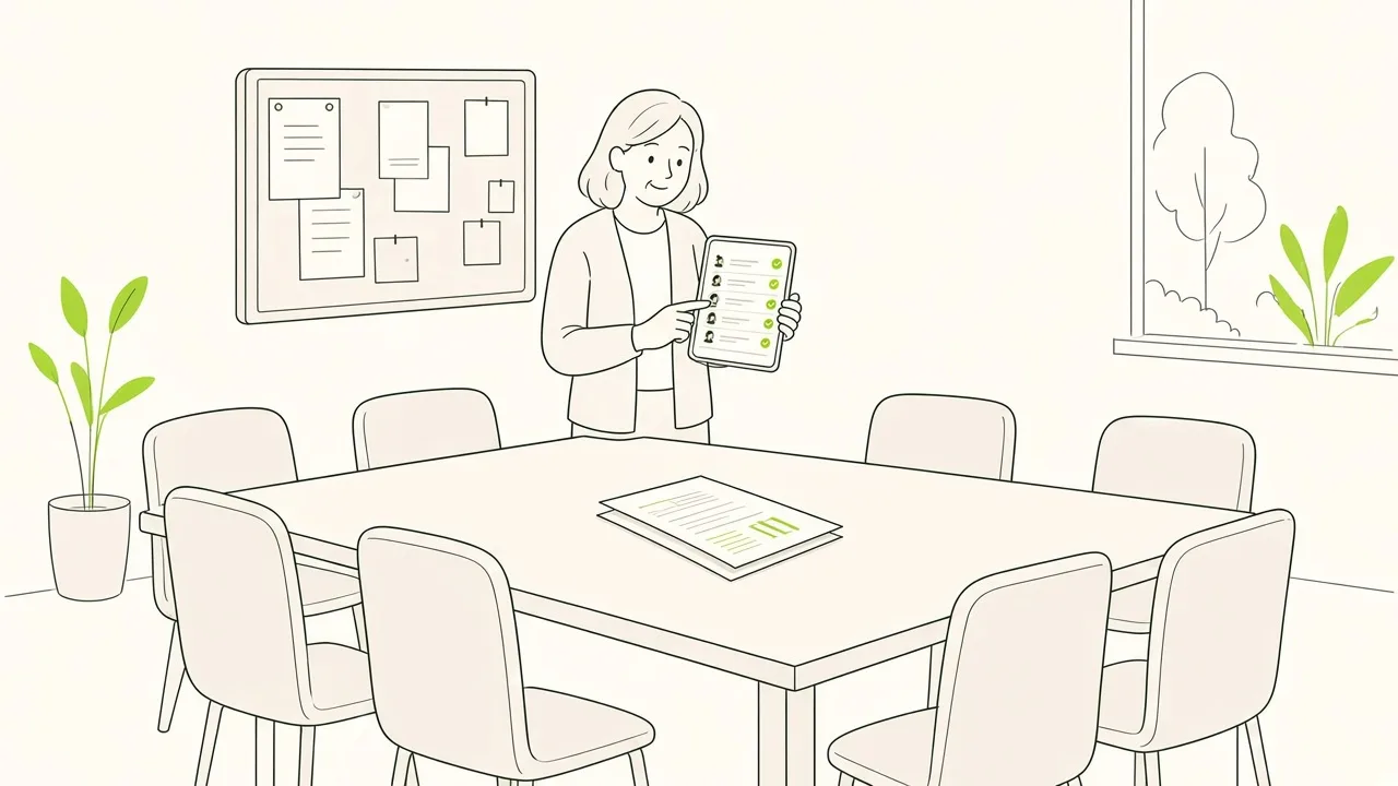 Une salle municipale : chaises en U pour un atelier parentalité, une plaquette du programme sur la table, et une coordinatrice qui consulte la liste des inscrits.