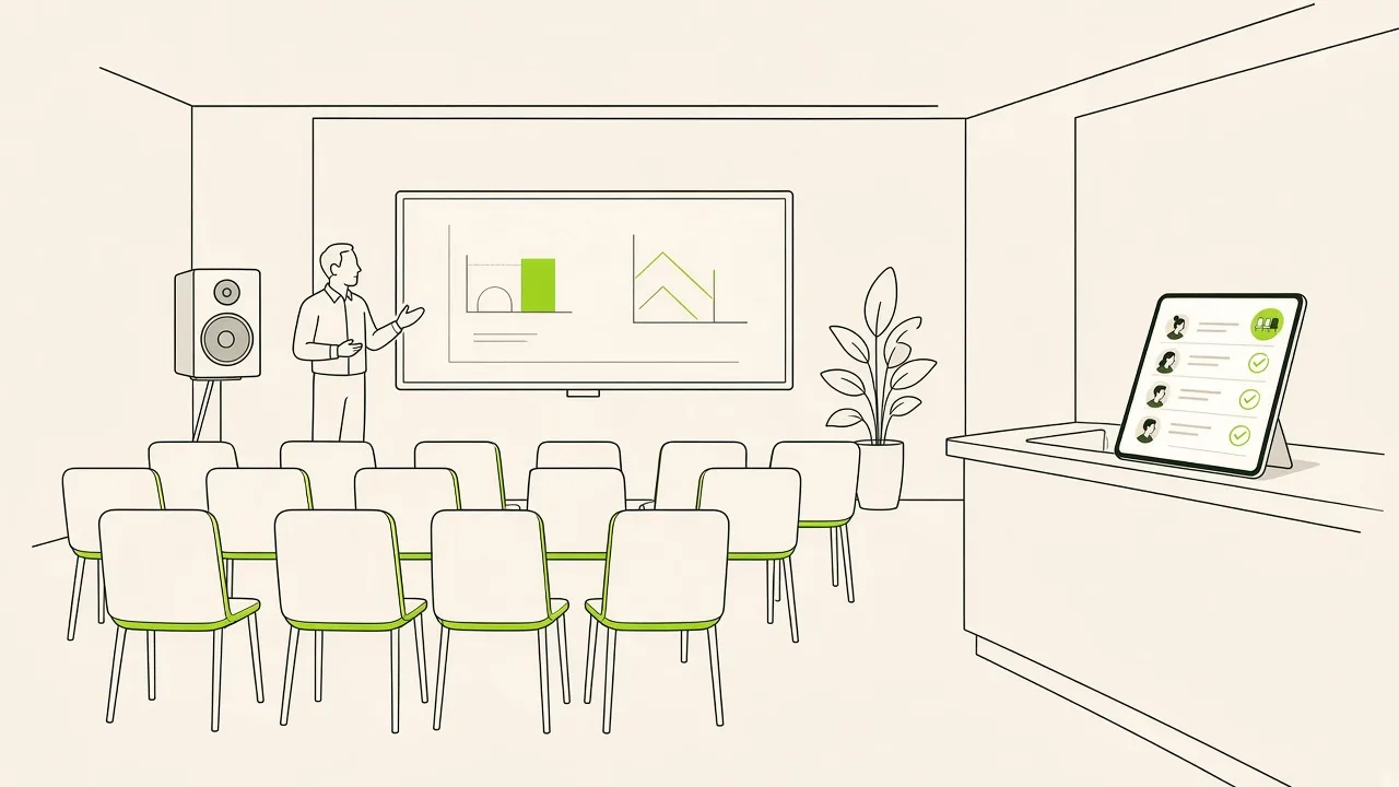 Une salle d’information collective : chaises en rangées, un intervenant devant un tableau, et à l’accueil une liste d’émargement sur tablette.