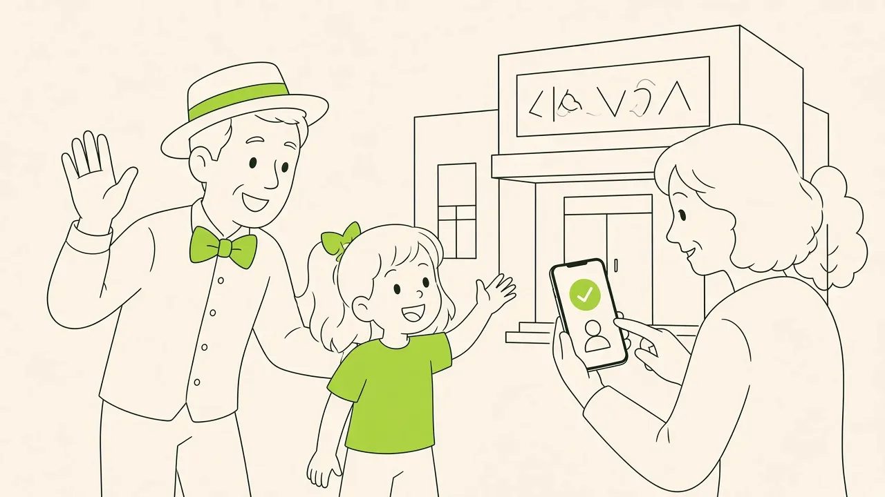 Devant le local du mini-club, une animatrice accueille un enfant tandis que le parent montre la confirmation d’inscription sur son téléphone.