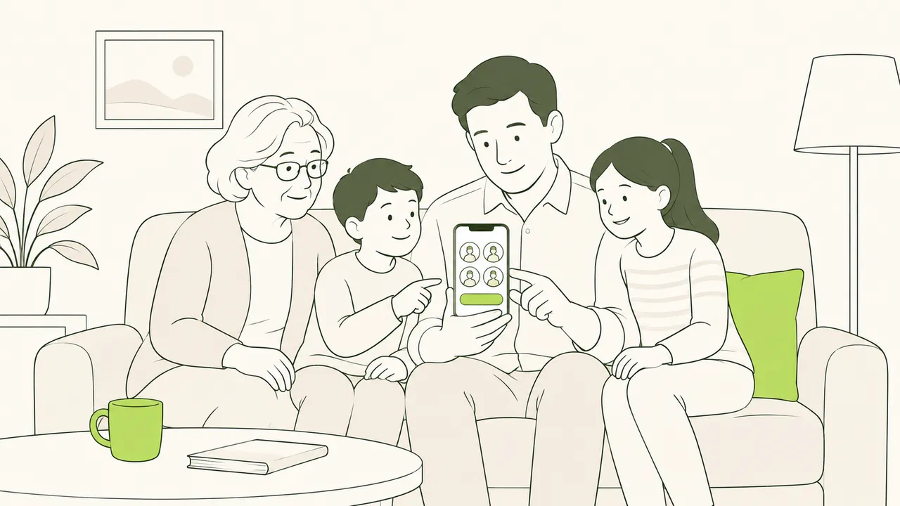Une famille installée sur un canapé inscrit ses quatre membres en une seule réservation, depuis un téléphone.