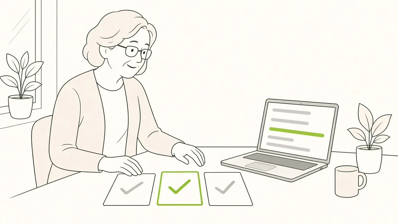 Sur un bureau, une personne compare trois fiches d’outils d’inscription ; une fiche est mise en avant avec une coche verte.