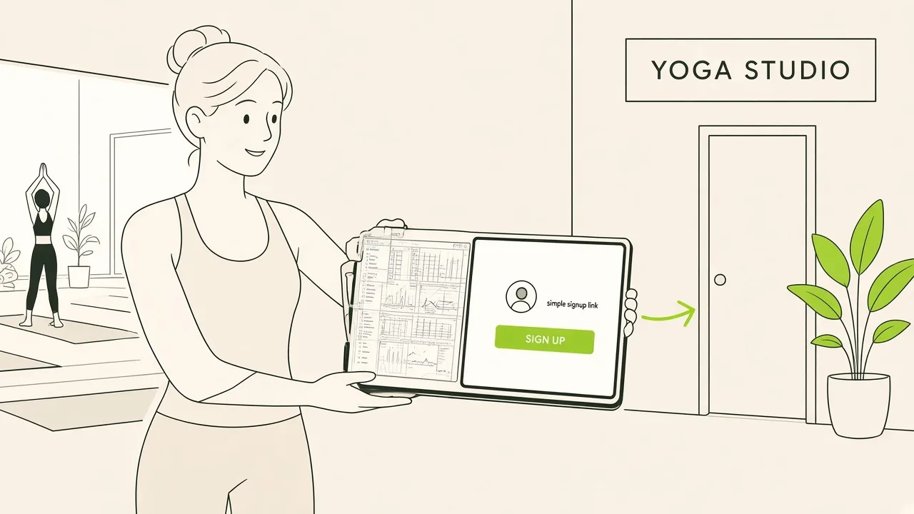 Une professeure de yoga devant sa salle compare sur une tablette un logiciel de studio et un simple lien d’inscription.