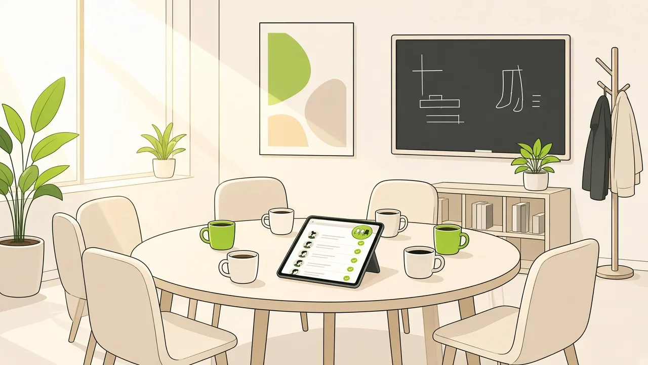 Une salle de classe transformée en café des parents : tasses sur une table basse, quelques chaises en cercle, une affiche au mur et une tablette avec la liste des inscrits.