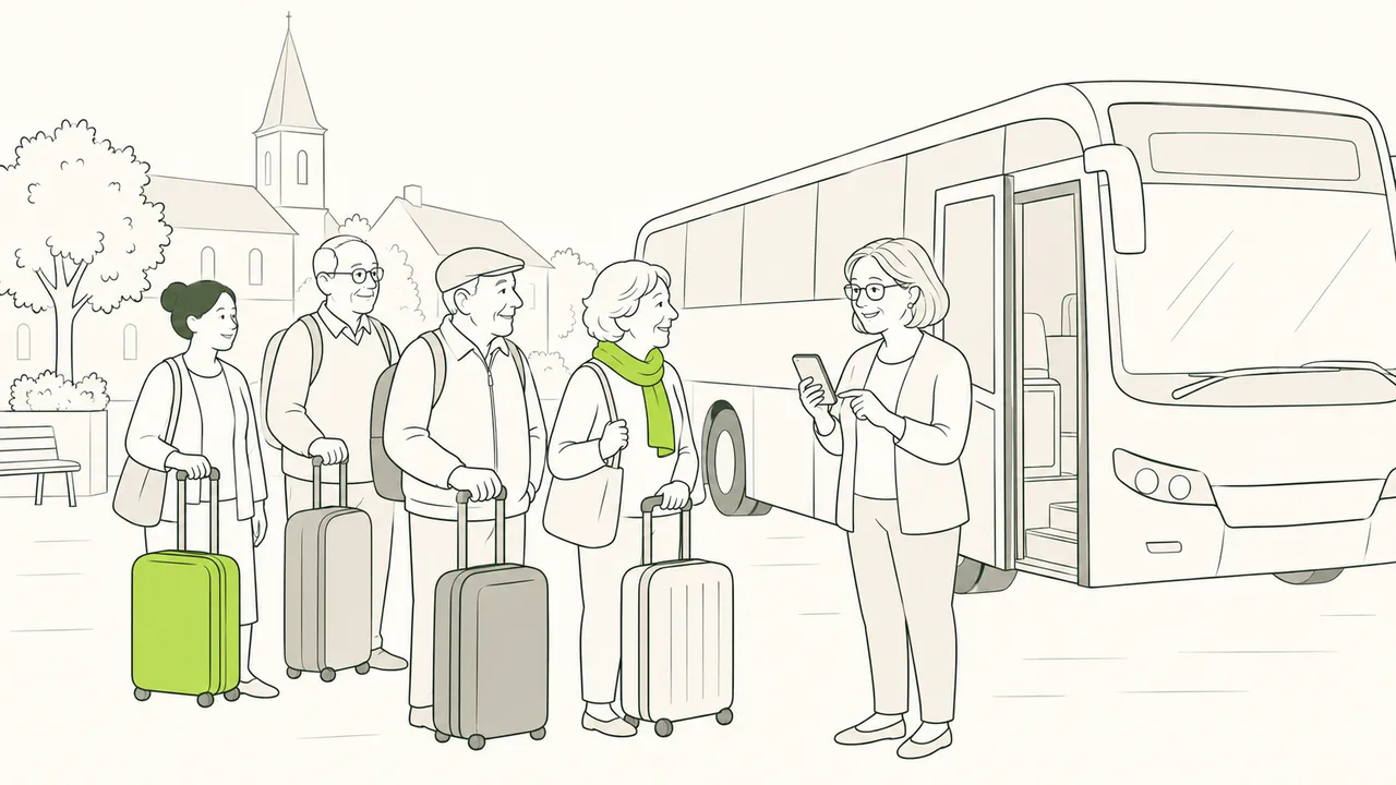 Un départ en car sur une place de village : les voyageurs attendent avec leurs bagages, l’organisatrice vérifie la liste sur son téléphone.