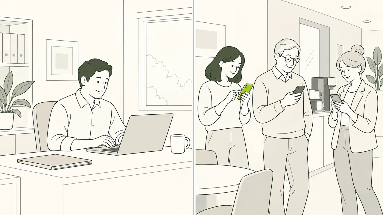 Depuis son ordinateur portable, une collaboratrice des ressources humaines envoie un lien ; autour d’elle, des collègues s’inscrivent sur leur téléphone.