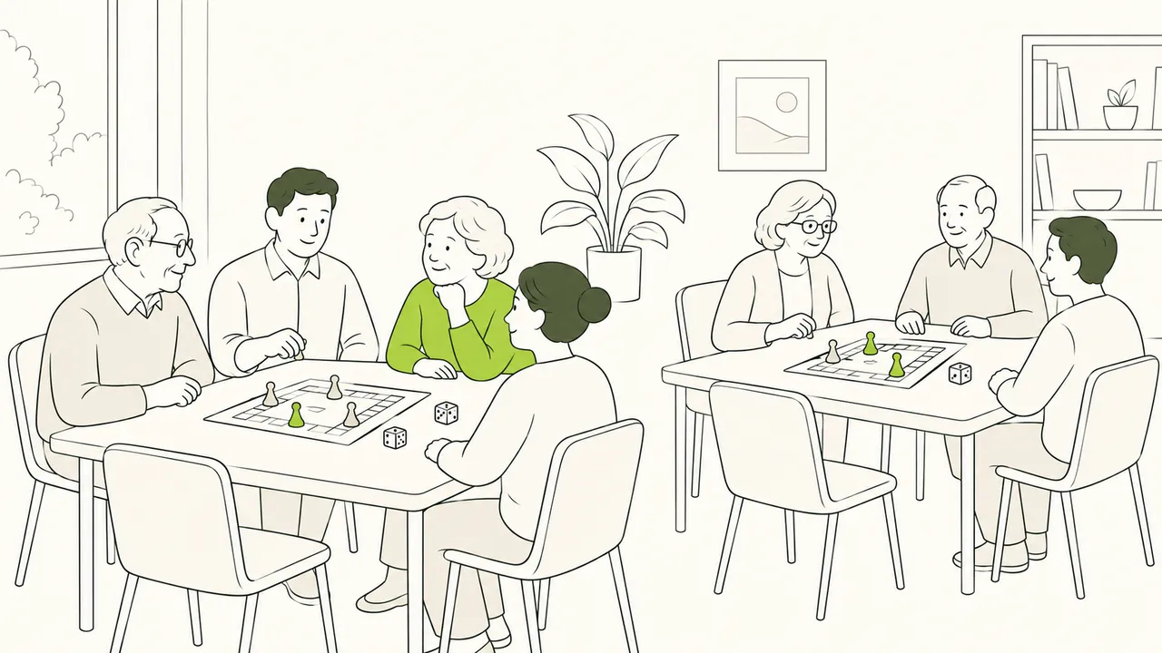 Une soirée jeux de société : deux tables de joueurs, des dés et des pions, et quelques places encore libres.