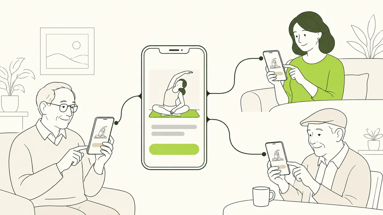 Une page d’activité ouverte sur un téléphone, avec son bouton d’inscription, partagée par un simple lien vers les téléphones de trois personnes.