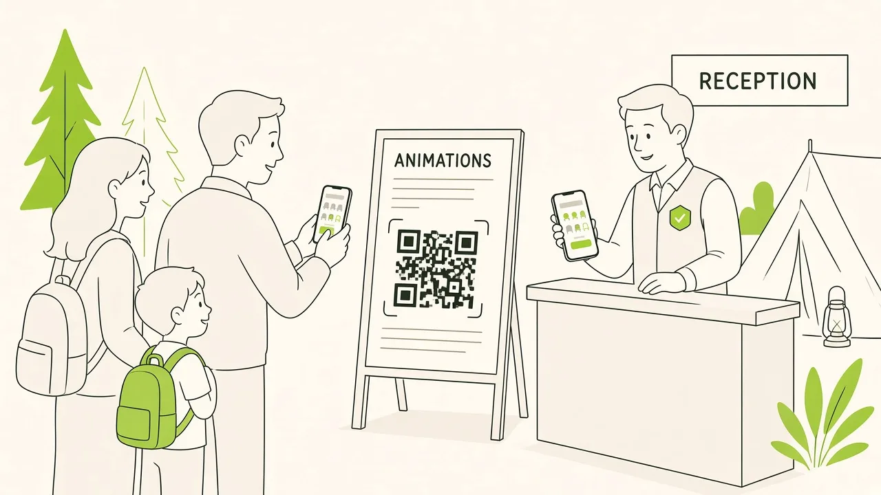 Devant l’accueil d’un camping, une famille scanne un QR code sur le panneau d’animations ; l’animateur consulte sa liste sur son téléphone.