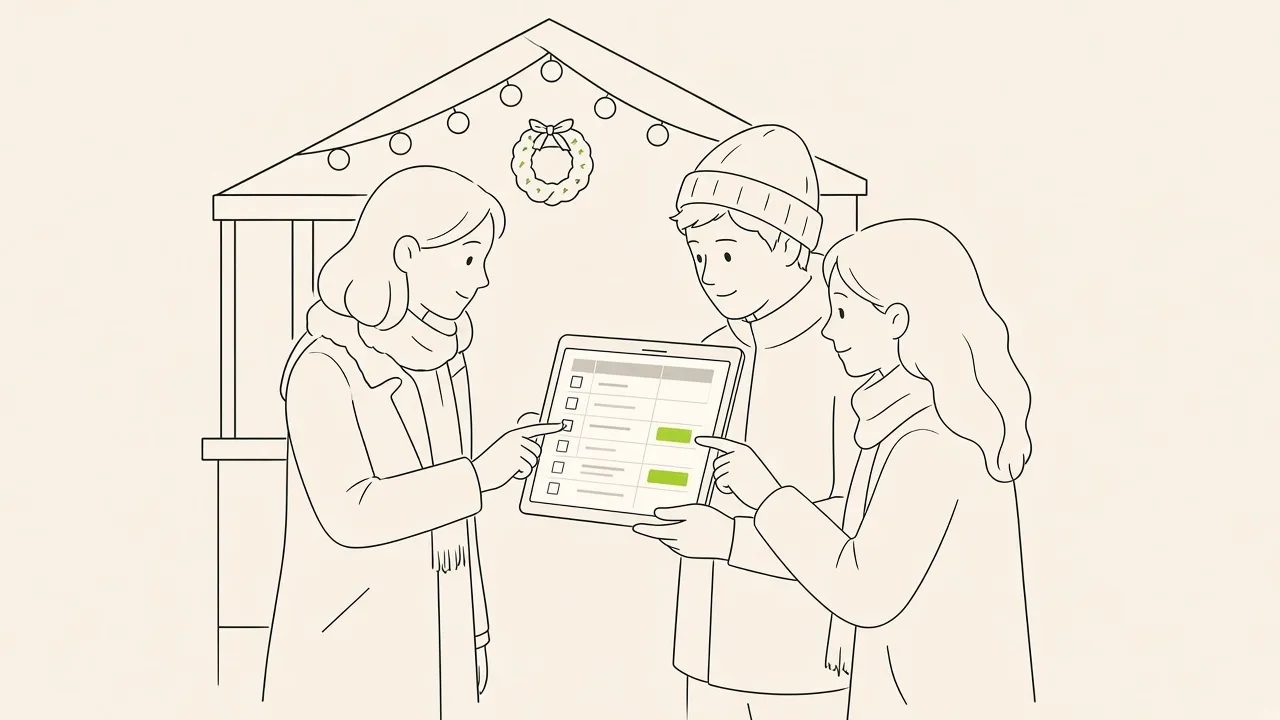 Devant un stand de marché de Noël, une organisatrice montre sur sa tablette les créneaux bénévoles encore libres ; deux volontaires choisissent leur horaire.