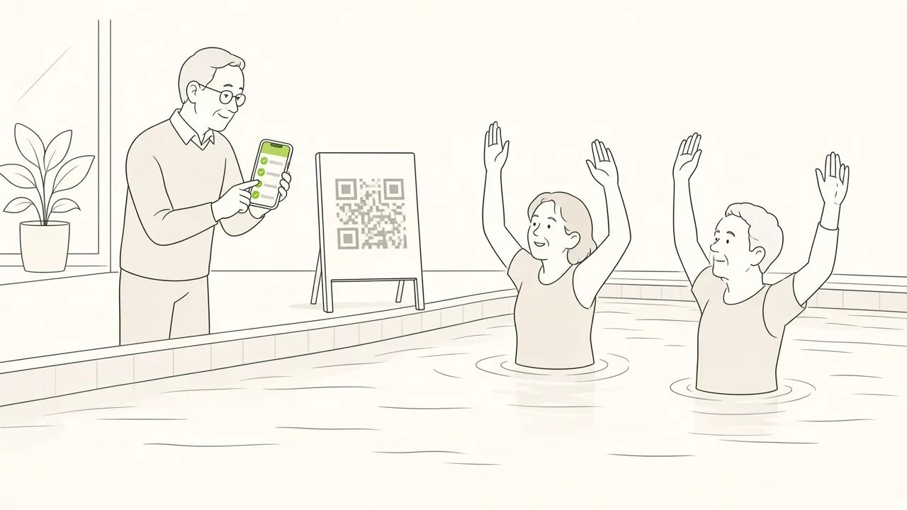 Au bord d’un bassin, un éducateur montre un téléphone avec le planning des séances ; deux personnes font de l’aquagym dans l’eau.