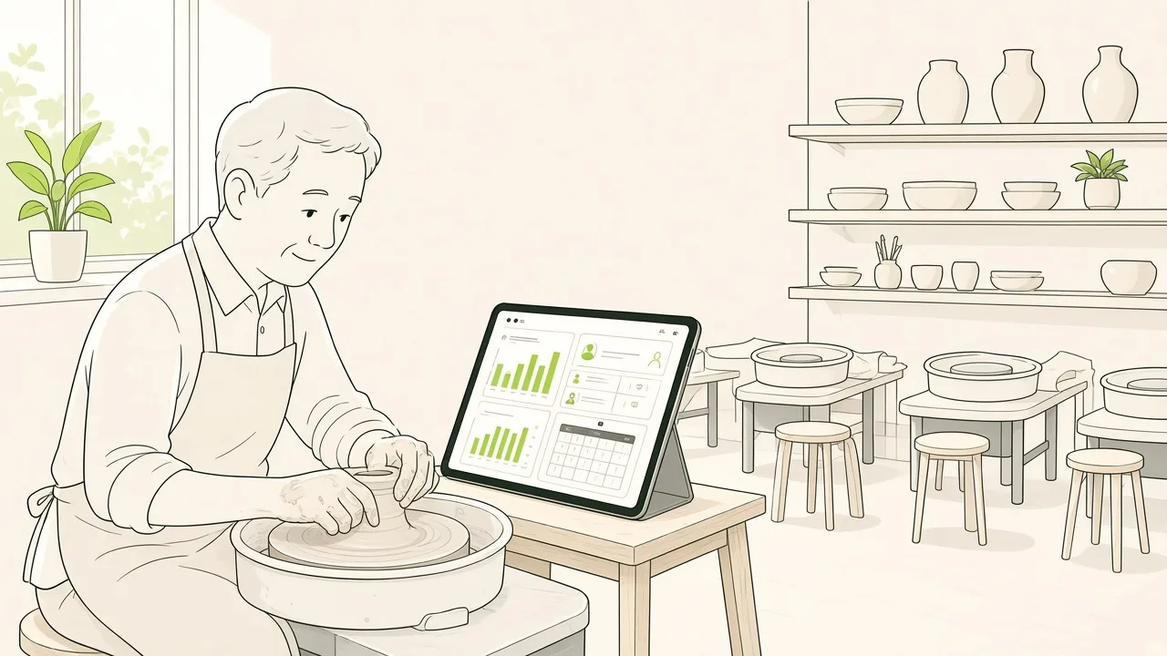 Dans un atelier de céramique, une artisane devant son tour consulte sur une tablette les outils de réservation pendant que des places de travail attendent les participants.