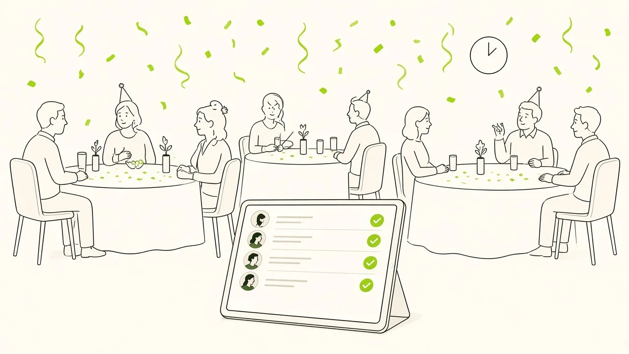 Dans une salle des fêtes décorée pour le Nouvel An, l’organisatrice consulte sur sa tablette la liste des tablées pendant que des convives s’installent.
