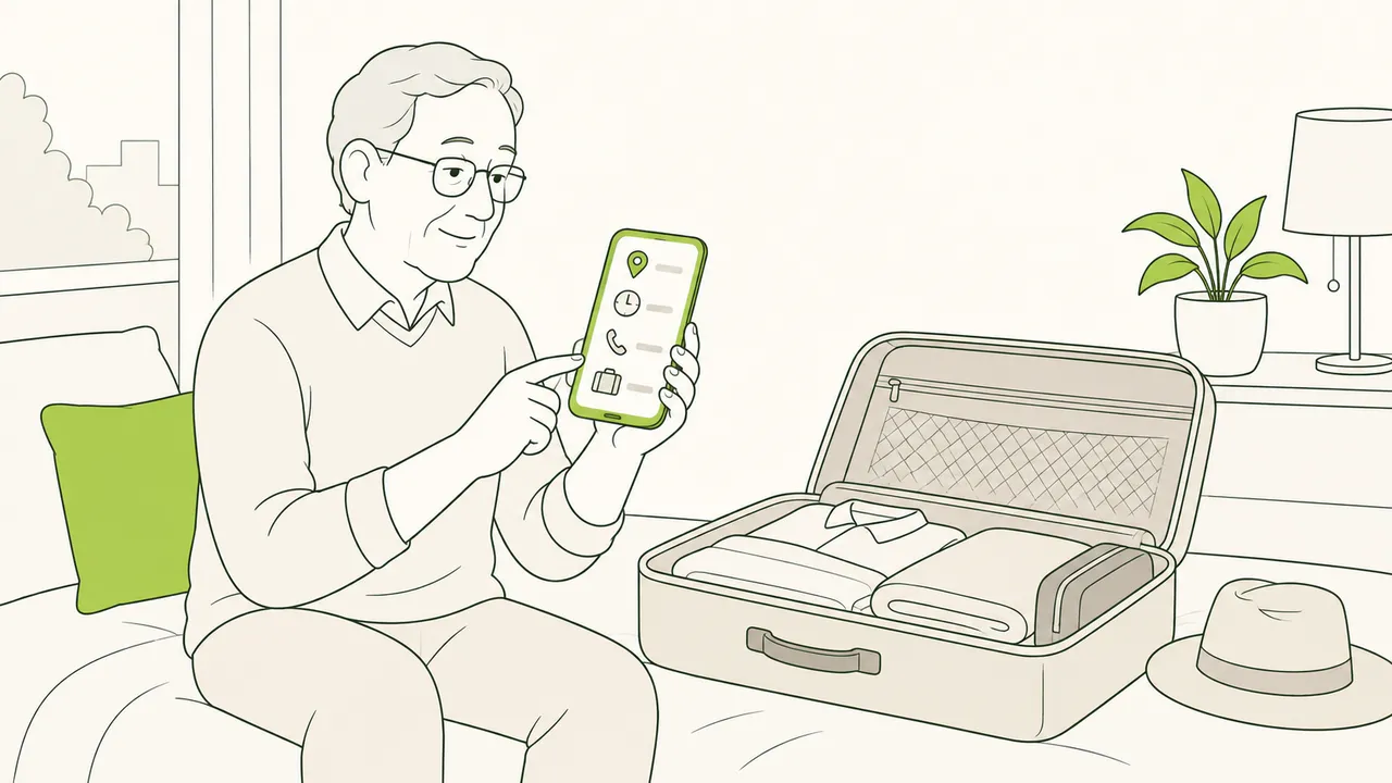 Une valise ouverte et un téléphone qui affiche les réponses d’un voyageur : point de rendez-vous, heure, téléphone, affaires à emporter.