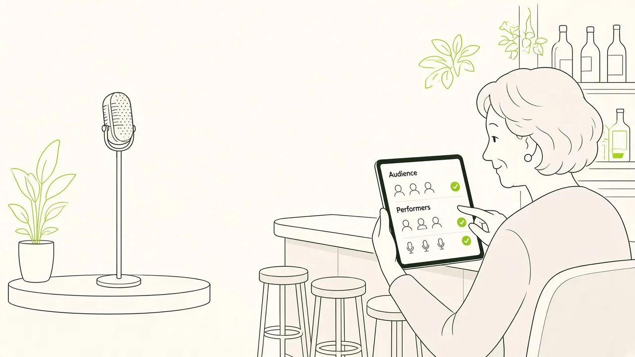 Sur une petite scène de bar, un micro sur pied attend ; au comptoir, l’organisateur consulte sur sa tablette la liste du public et celle des passages.