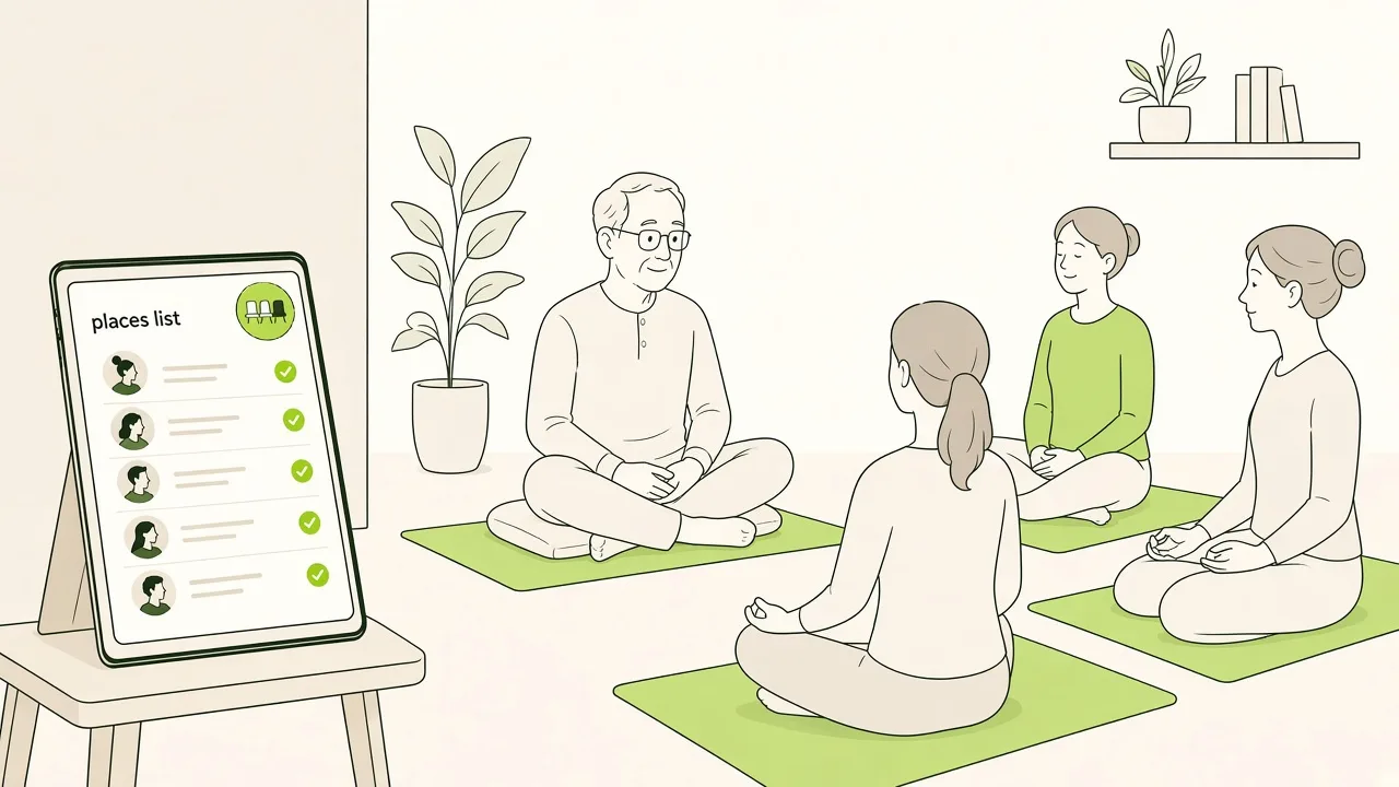 Une salle de sophrologie : tapis alignés, une praticienne assise face au groupe, et une tablette avec la liste des places à l’entrée.