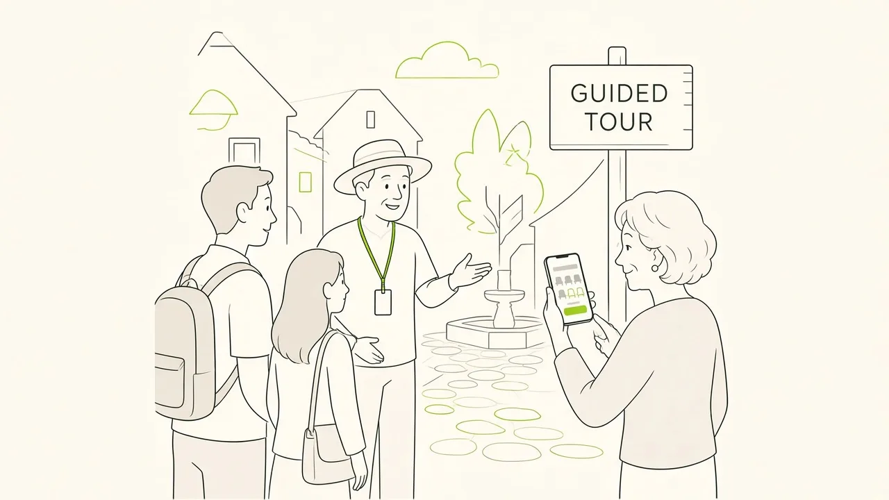 Sur la place d’un village, un guide accueille un petit groupe devant un panneau « visite guidée » ; une visiteuse montre sa confirmation sur son téléphone.