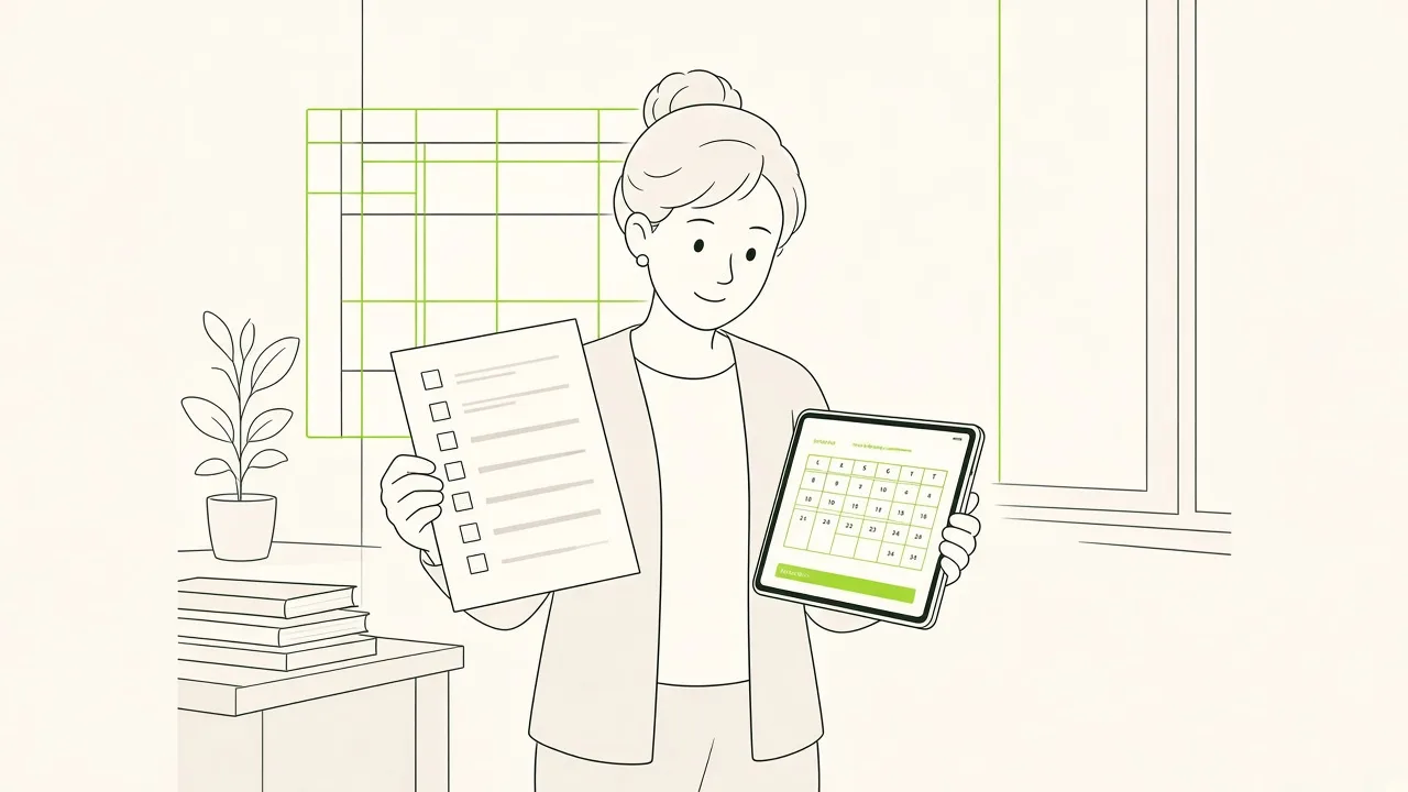 Un professeur devant un tableau de créneaux compare un sondage papier et une page d’activité sur une tablette.