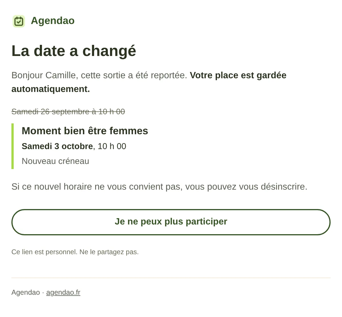 E-mail de report envoyé par Agendao : l’ancienne date barrée, la nouvelle date mise en avant et un bouton « Je ne peux plus participer ».