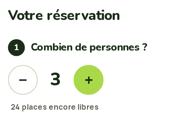 Formulaire de réservation Agendao : « Combien de personnes ? » réglé sur 3 avec des boutons moins et plus, et le nombre de places encore libres.