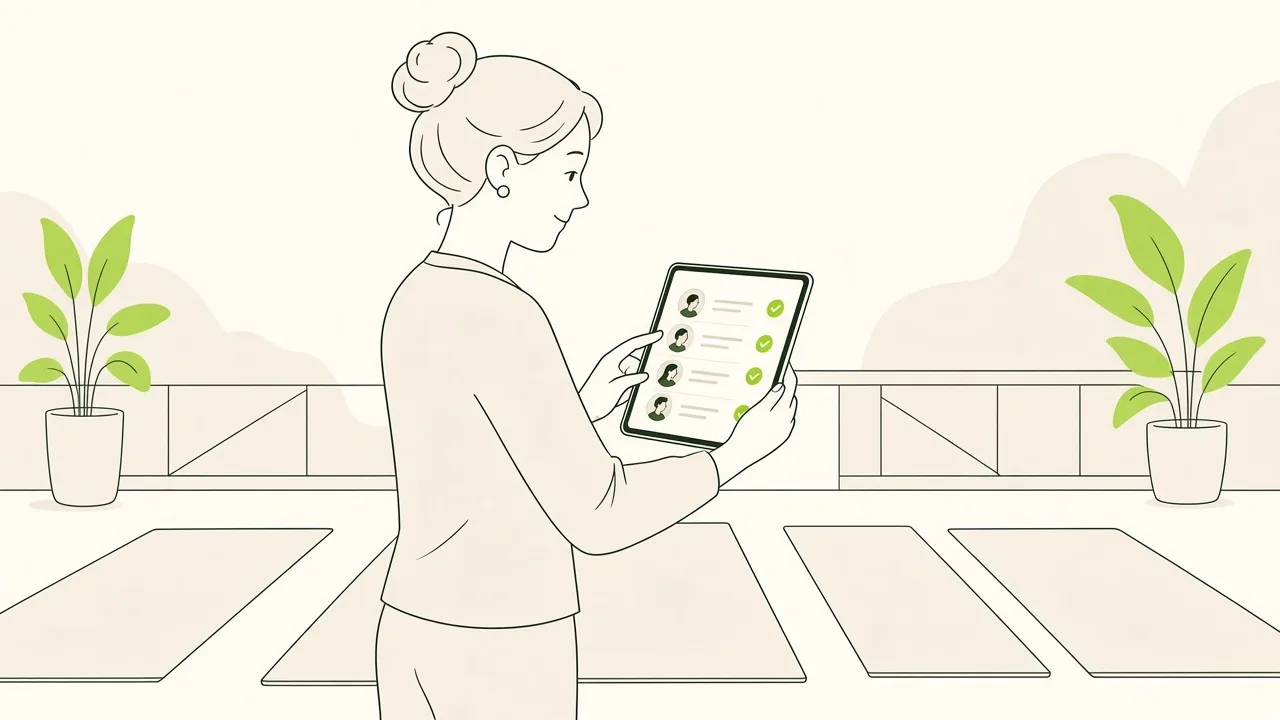 Animateur de yoga sur une terrasse d’hôtel, tablette à la main, qui coche les clients présents.