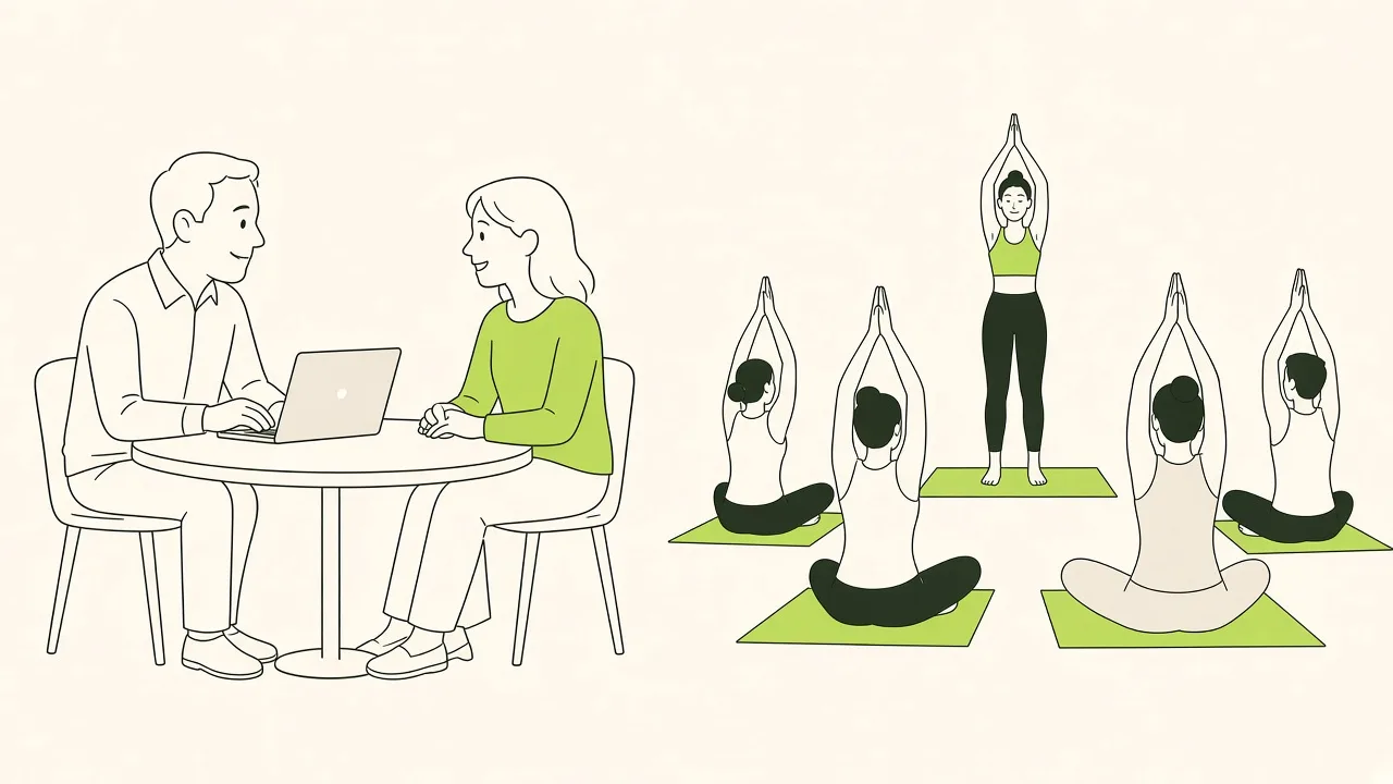 À gauche un rendez-vous en tête-à-tête ; à droite une salle de yoga pleine, avec une professeure face à douze tapis.