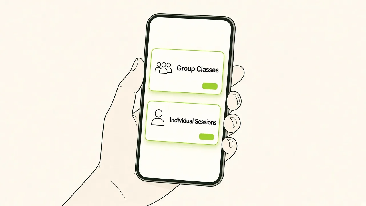 Sur un téléphone, deux liens côte à côte : cours collectifs et séance individuelle.