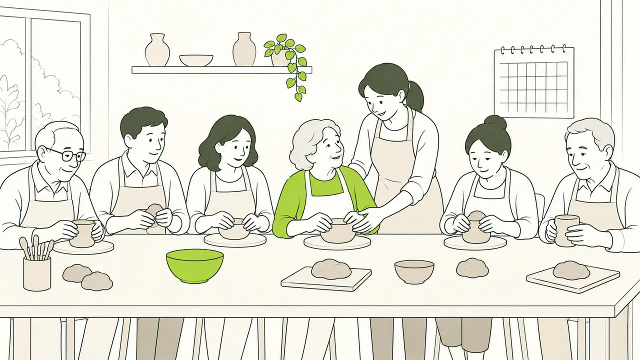 Un atelier de poterie à date fixe : des participants façonnent l’argile pendant que l’animatrice aide une femme âgée.