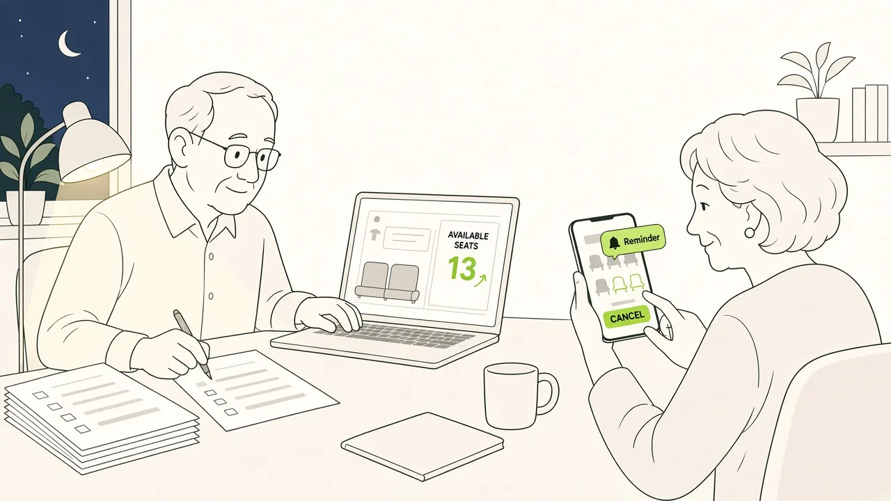 Un participant annule depuis son téléphone ; la place revient dans le compteur pendant qu’un rappel lime apparaît à l’écran.