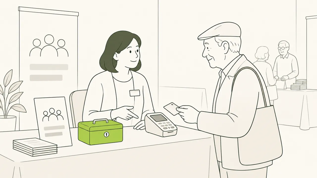 Sur le stand d’une association, une bénévole encaisse un visiteur avec un terminal de paiement, la caisse posée à côté.
