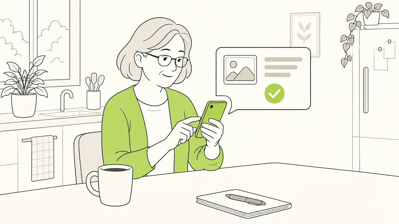Dans sa cuisine, une bénévole publie une activité depuis son téléphone en quelques minutes, une tasse de café devant elle.