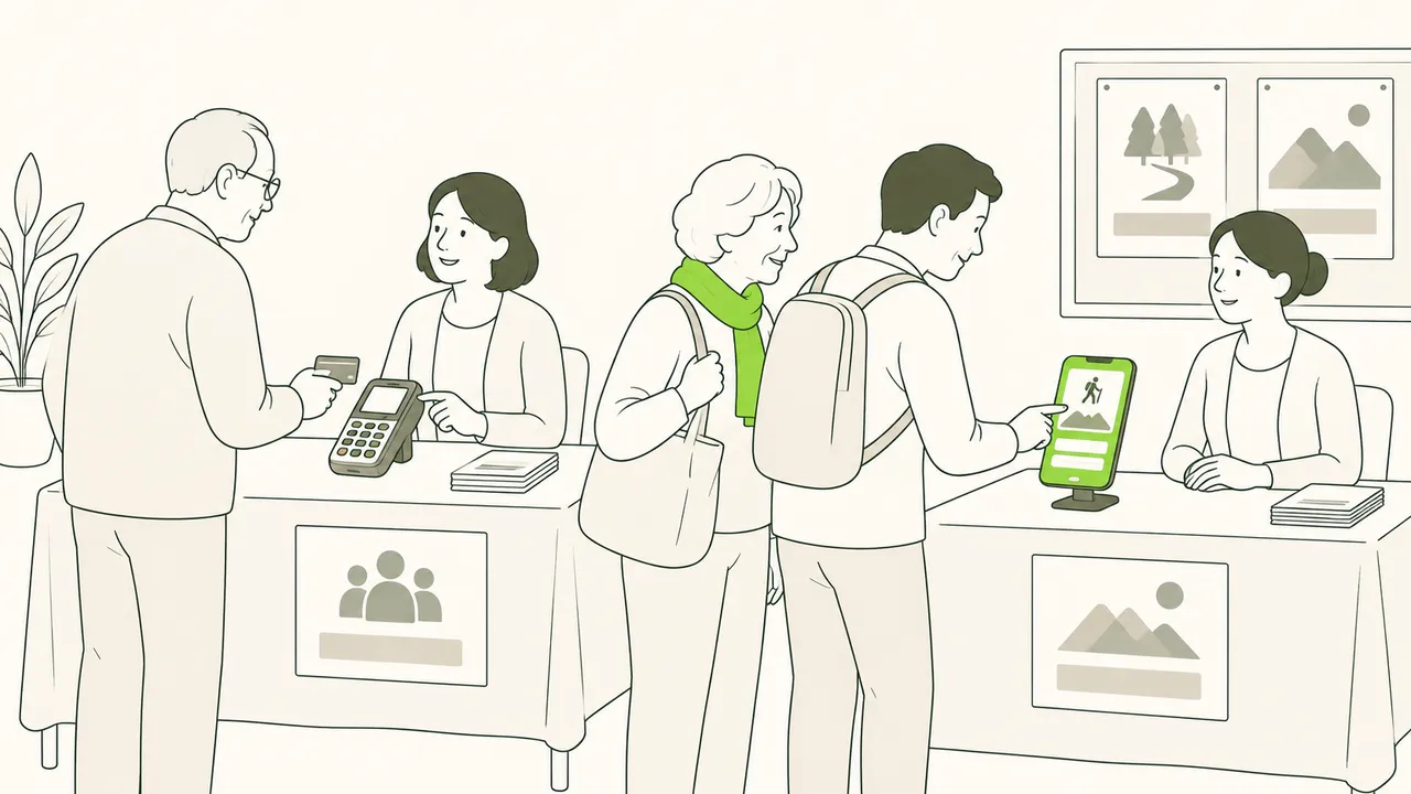 Un stand d’association à deux tables : à gauche, le paiement des adhésions ; à droite, l’inscription à une sortie sur un téléphone posé sur un support.