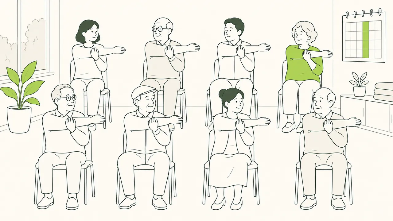 Chaque semaine, le même groupe se retrouve pour une gymnastique douce sur chaise ; au mur, le calendrier marque le même jour.